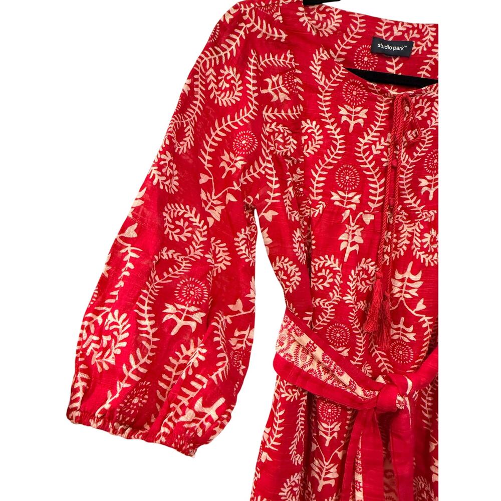 NEW! Nordstrom XS Batik Block Print 100% Cotton Dress Tie Waist Boho Hot Pink - Picture 3 of 11